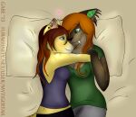  &lt;3 2013 bed bed_sheet bedding blue_eyes cheetah clothing duo ear_piercing ear_ring felid feline female furniture green_clothing green_eyes green_shirt green_topwear mammal mytigertail on_bed piercing pillow shirt signature species_request text topwear url 