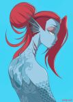  animal_humanoid arm_tattoo back_tattoo blue_body blue_skin female fin fish fish_humanoid gills hair hair_over_eye hi_res humanoid kehmy marine marine_humanoid nude one_eye_obstructed red_hair simple_background solo tattoo undertale_(series) undyne yellow_eyes 