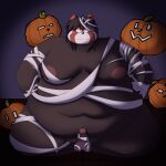  1:1 absurd_res ailurid anthro areola balls big_breasts black_nose breasts garowo genitals hair halloween halloween_costume hi_res holidays huge_breasts long_hair male mammal moobs morbidly_obese mummy_costume obese obese_male overweight overweight_male penis red_panda simple_background small_penis solo 