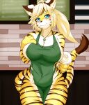  absurd_res anthro apron big_breasts blonde_hair blue_eyes blush breasts clothing container cup cyberconnect2 drecom felid female full_bokko_heroes fur green_apron hair hi_res i_mean_breast_milk looking_at_viewer mammal megane_inu meme mostly_nude pantherine smile solo striped_body striped_fur stripes tiger video_games zhang_fei_(full_bokko_heroes) 