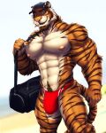  2021 4:5 abs anthro beach biceps blurred_background bulge clothing coach_night day detailed_bulge dream_and_nightmare felid feline hi_res looking_at_viewer male mammal muscular muscular_anthro muscular_male night_(dream_and_nightmare) pantherine pecs seaside solo sun swimming_trunks swimwear tiger 