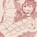  1:1 another_eidos_of_dragon_vein_r anthro billford body_hair canid canine canis chest_hair grin low_res lying male mammal muscular muscular_anthro muscular_male nipples on_back pecs pubes run_aki scar smile solo wolf 