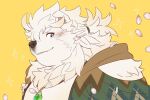  anima_(anothereidos_r) another_eidos_of_dragon_vein_r anthro blue_eyes blush canid canine fluffy fur hair jewelry male mammal neck_tuft necklace ponytail rossciaco slightly_chubby smile solo tuft white_body white_fur 