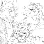  angry another_eidos_of_dragon_vein_r anthro avian beak bird braided_hair canid canine canis clenched_teeth cross-popping_vein fist group hair jackal jalam_(anothereidos_r) lkoro_furry male mammal monochrome sketch smug teeth trio wolf yabsakha_(anothereidos_r) zacharoff_(anothereidos_r) 
