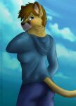  2013 anthro blue_eyes clothing cloud felid female hi_res hoodie lion looking_at_viewer looking_back mammal mytigertail pantherine signature sky smile solo standing text topwear url 