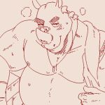  1:1 another_eidos_of_dragon_vein_r anthro belly blush bodily_fluids eyebrows horn jewelry looking_at_viewer low_res male mammal musclegut necklace nipples pecs rhinocerotoid romanes run_aki sketch solo sweat thick_eyebrows towel 