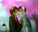 2014 blush canid canine canis cherry_blossom clothing domestic_dog felid green_eyes kissing lion male male/male mammal mytigertail outside pantherine plant signature 