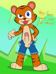  abstract_background activision anthro balls blue_eyes bottomwear clothing crash_bandicoot_(series) crash_boom_bang! darkajugin erection fangs felid fur genitals gesture hi_res looking_at_viewer male mammal orange_body orange_fur pantherine penis pointing pointing_at_penis pointing_at_self pura_(crash_bandicoot) shorts solo striped_body striped_fur stripes tiger tongue tongue_out video_games 