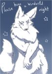  4_fingers anthro blue_background canid canine canis crotch_tuft cute_fangs english_text eyebrows fingers gradient_background hi_res kemono looking_at_viewer male mammal mizu_(pixiv) monochrome muscular_arms neck_tuft portrait simple_background solo star text three-quarter_portrait tuft wolf 