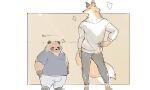  2021 5:3 anthro belly bottomwear brown_body brown_fur canid canine clothing duo fox fur inunoshippo kemono male mammal overweight overweight_male pants raccoon_dog shirt simple_background tanuki topwear 