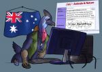  2021 4chan anthro australian_flag avian bird black_body black_feathers blue_body blue_feathers breasts cassowary chorsinnell39 computer computer_mouse digital_media_(artwork) english_text feathers female grey_background hair head_crest humor inner_boob jewelry keyboard necklace ratite red_body red_feathers screen simple_background solo text white_hair 