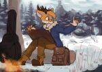  2021 5_fingers anthro backpack biped bottomwear cervid clothed clothing creating_art detailed_background eyewear fingers fireplace footwear fur glasses guitar_case hi_res mammal orange_body orange_fur outside pagie_(artist) shoes sitting snow solo topwear 