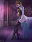  3:4 anthro bedroom canid canine canis catpumpkin clothing corset domestic_dog female full-length_portrait goth hi_res high_heels lingerie mammal overlord_(series) pestonya_shortcake_wanko portrait sitting solo topwear 