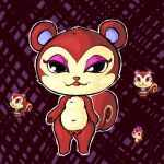  1:1 :3 abstract_background animal_crossing anthro chibi clothed clothing female genitals hi_res looking_at_viewer makeup mammal nintendo nude pecan_(animal_crossing) pussy rodent sciurid simski smile smirk solo tree_squirrel video_games 