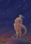  2021 anthro breasts butt cloud conditional_dnp female horn jollyjack kaiju macro mountain muscular muscular_arms muscular_female muscular_thighs night nude observatory orange_body orange_scales outside scales scalie side_boob sky solo star starry_sky 