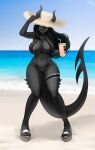  absurd_res beach big_breasts bikini black_body black_hair breasts clothing container cup female footwear hair hat headgear headwear hi_res holding_cup holding_object humanoid platform_footwear platform_sandals sandals seaside side-tie_bikini solo swimwear yboon 