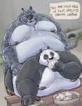  2021 absurd_res anthro belly belly_overhang bent_over big_belly black_nose captainjusticevirtsuoso dialogue dreamworks duo eating english_text felid food giant_panda hi_res humanoid_hands kung_fu_panda male male/male mammal master_po_ping moobs morbidly_obese nipples obese obese_anthro obese_male overweight overweight_anthro overweight_male pantherine sex snow_leopard tai_lung_(kung_fu_panda) text ursid white_body 
