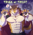  &lt;3 abs anthro barrel_(live-a-hero) blush canid canine canis claws english_text halloween halloween_costume hi_res holidays lifewonders live-a-hero male mammal muscular muscular_anthro muscular_male naughty_face nipples pecs sakehabera shirtless solo text vampire_costume video_games wolf 