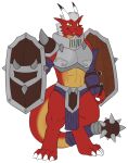  abs alpha_channel anthro armor bottomwear claws clothed clothing digitigrade dragon fantasy fist hi_res holding_object klotzzilla loincloth male red_body scalie shield simple_background solo toe_claws yellow_eyes 