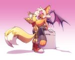  2_tails anthro big_breasts bigdad breasts canid canine chiropteran clothed clothing dipstick_tail duo female fox head_between_breasts hi_res huge_breasts male male/female mammal markings miles_prower mostly_nude multi_tail rouge_the_bat sega sitting sonic_the_hedgehog_(series) tail_markings topless 