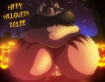  anthro big_breasts breasts duo elephant elephantid female halloween holidays jack-o&#039;-lantern mammal night obese obese_anthro obese_female overweight overweight_anthro overweight_female proboscidean robthehoopedchipmunk squish thigh_squish 