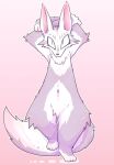  3_toes absurd_res ambiguous_gender anthro big_eyes biped canid canine chest_tuft elbow_tuft feet fingers fox fur gradient_background hands_behind_head hi_res kemono knee_tuft leg_tuft mammal mizu_(pixiv) navel on_one_leg pink_background purple_body purple_fur simple_background solo standing toes tuft whiskers white_body white_fur 