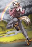  2021 5_fingers anthro breasts canid canine canis clothed clothing day detailed_background digital_media_(artwork) domestic_dog female fingers footwear hi_res kuroame mammal open_mouth outside rainbow reign_(scfiii) shoes smile teeth tongue 