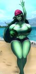  2021 absurd_res anthro beach big_breasts breasts cleavage clothed clothing female green_body green_hair green_skin hair hi_res huge_breasts humanoid not_furry seaside solo yboon 