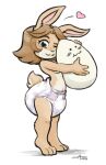  anthro breasts carotte666 clothed clothing diaper diaper_only egg eliza_(hokkigai) female heart_symbol hi_res hug lagomorph leporid long_ears looking_at_viewer mammal one_eye_closed rabbit shirtless smile solo toddler topless under_boob watermark young 