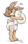  &lt;3 anthro breasts carotte666 diaper diaper_only egg eliza_(hokkigai) embrace female hi_res hug lagomorph leporid long_ears looking_at_viewer mammal one_eye_closed rabbit shirtless smile solo toddler under_boob watermark young 