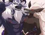  4_toes baryon black_body black_sclera bovid bovine duo ear_piercing ear_ring elsword feet feral hadron hair male male/male mammal muscular muscular_male nipples piercing shixiexiaomo size_difference squish toes white_hair yellow_eyes 
