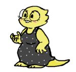  aliasing alphys anthro barefoot beady_eyes blush blush_stickers breasts buckteeth clothed clothing delisample dimples dress eyewear feet female front_view fully_clothed glasses lizard low_res non-mammal_breasts polka_dots reptile scales scalie simple_background solo standing teeth thick_tail three-quarter_view undertale undertale_(series) video_games yellow_body yellow_scales 