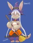  anijesse anthro bottomwear broom brown_body brown_fur cleaning_tool clothing female fur hair halloween hat headgear headwear hi_res holidays long_ears long_tail made_in_abyss magic_user mammal nanachi narehate pants purple_bottomwear purple_clothing purple_pants solo whiskers white_hair witch witch_hat 