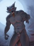  3:4 5_fingers abs animal_genitalia animal_penis anthro arm_tattoo balls beastars bodily_fluids canid canine canis drooling fingers full_moon genitals hi_res instinct_legoshi_(beastars) legoshi_(beastars) looking_at_viewer male mammal moon muscular navel neverwolf night nipples nude outside penis red_eyes saliva scar solo standing tattoo tongue tongue_out were werecanid werecanine werewolf wolf 
