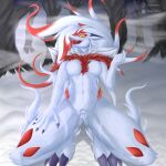  1:1 absurd_res anthro breasts canid canine claws crotch_tuft fangs featureless_breasts female finger_claws fur hi_res hisuian_zoroark lordpotato mammal nintendo open_mouth pok&eacute;mon pok&eacute;mon_(species) pokemon_legends_arceus red_body red_eyes red_fur regional_form_(pok&eacute;mon) shaded small_breasts solo toe_claws tongue tongue_out tuft video_games white_body white_fur yellow_sclera 