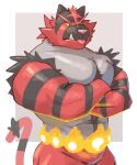  2021 anthro big_muscles blep border cilok crossed_arms fire frown fur grey_background hi_res incineroar male muscular muscular_anthro muscular_male nintendo pecs pok&eacute;mon pok&eacute;mon_(species) simple_background solo standing teeth tongue tongue_out tuft video_games white_border 