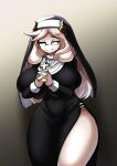  anthro big_breasts bovid breasts caprine clothed clothing cross curvy_figure eyes_closed eyewear glasses hi_res huge_breasts mammal navel nun thick_thighs voluptuous wide_hips yboon 