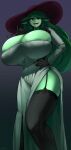  2021 5_fingers absurd_res alcina_dimitrescu areola areola_slip big_breasts breasts capcom cleavage clothed clothing female fingers garter_straps green_body green_eyes green_skin hand_on_hip hat headgear headwear hi_res huge_breasts humanoid legwear looking_at_viewer low-angle_view not_furry open_mouth resident_evil signature solo thigh_highs video_games yboon year 