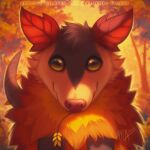  1:1 2021 ambiguous_gender autumn detailed_background didelphid feral forest front_view headshot_portrait hi_res icon leaf_ears looking_at_viewer mammal marsupial mylafox orange_theme outside pink_nose plant portrait signature smile solo tree 