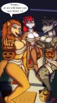  9:16 abs anthro athletic bandage big_breasts breasts clothed clothing english_text female food fruit group halloween harkrun hi_res holidays looking_at_viewer muscular plant pumpkin sheena_(mariano) skimpy smile text vulpa 
