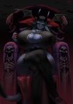  absurd_res big_breasts black_sclera blue_body blue_eyes blue_skin breasts chair cleavage clothed clothing crossed_legs demon demon_humanoid female furniture hi_res horn huge_breasts humanoid hyper hyper_breasts legwear nipple_outline not_furry sitting solo thick_thighs thigh_highs throne wide_hips yboon 
