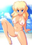  1girl artist_request barefoot beach blonde_hair blue_eyes breasts cute earrings jewelry long_hair naked nude open_mouth pussy solo tan tanline 