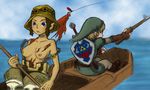  1girl blonde_hair blue_eyes boat breasts embarrassed fishing_rod hat hena link lure medium_breasts nipples pointy_ears shield sword the_legend_of_zelda torn_clothes wardrobe_malfunction watercraft weapon 