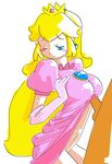  1boy 1girl blonde_hair blue_eyes blush bottomless breasts clothed_female_nude_male crown dress dress_lift earrings elbow_gloves gloves jewelry long_hair mario_(series) minus8 navel nintendo no_panties oekaki paizuri paizuri_under_clothes penis princess_peach super_mario_bros. uncensored white_background wink 