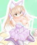  animal_ears blonde_hair breast_slip breasts brown_eyes copyright_request glasses gloves large_breasts lewis_mclaren long_hair nipples one_breast_out paw_print purple_skirt skirt solo thighhighs 