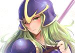  1girl armor blue_armor blue_eyes breastplate detached_sleeves fire_emblem fire_emblem:_souen_no_kiseki fire_emblem_heroes green_eyes green_hair helmet highres long_hair looking_at_viewer nakabayashi_zun nephenee nintendo polearm solo weapon 