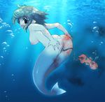  birth blood bubble green_hair mermaid monster_girl open_mouth scales silhouette_sakura solo umbilical_cord underwater what 