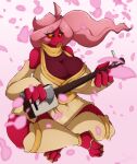  2019 absurd_res artist_name big_breasts blush breast_squish breasts cleavage clothed clothing curvy_figure digital_media_(artwork) dot_eyes dress eyelashes feet female fingers fishnet footwear hair hi_res huge_breasts humanoid kyoob_(thegentlebro) long_hair mimic musical_instrument not_furry petals pink_hair red_body red_skin sandals signature simple_background simple_eyes sitting smile solo squish superix toes voluptuous yellow_sclera 
