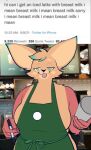  2021 ailurid anthro apron big_ears blue_body blue_fur breasts cheek_spots cheek_tuft clothing dipstick_ears edit english_text facial_tuft female fur green_eyes gynomorph_(lore) half-closed_eyes head_tuft holding_object i_mean_breast_milk magnetiorchid mairi_nigalya_ponya mammal meme multicolored_ears narrowed_eyes orange_body orange_fur photo_background photo_manipulation red_body red_fur red_panda side_boob solo text tongue tongue_out tuft twitter uniform 