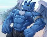  abs anthro biceps bodily_fluids bulge chest_tuft clothed clothing dragon hi_res horn male muscular muscular_male pecs solo sweat topless tuft waddledox 